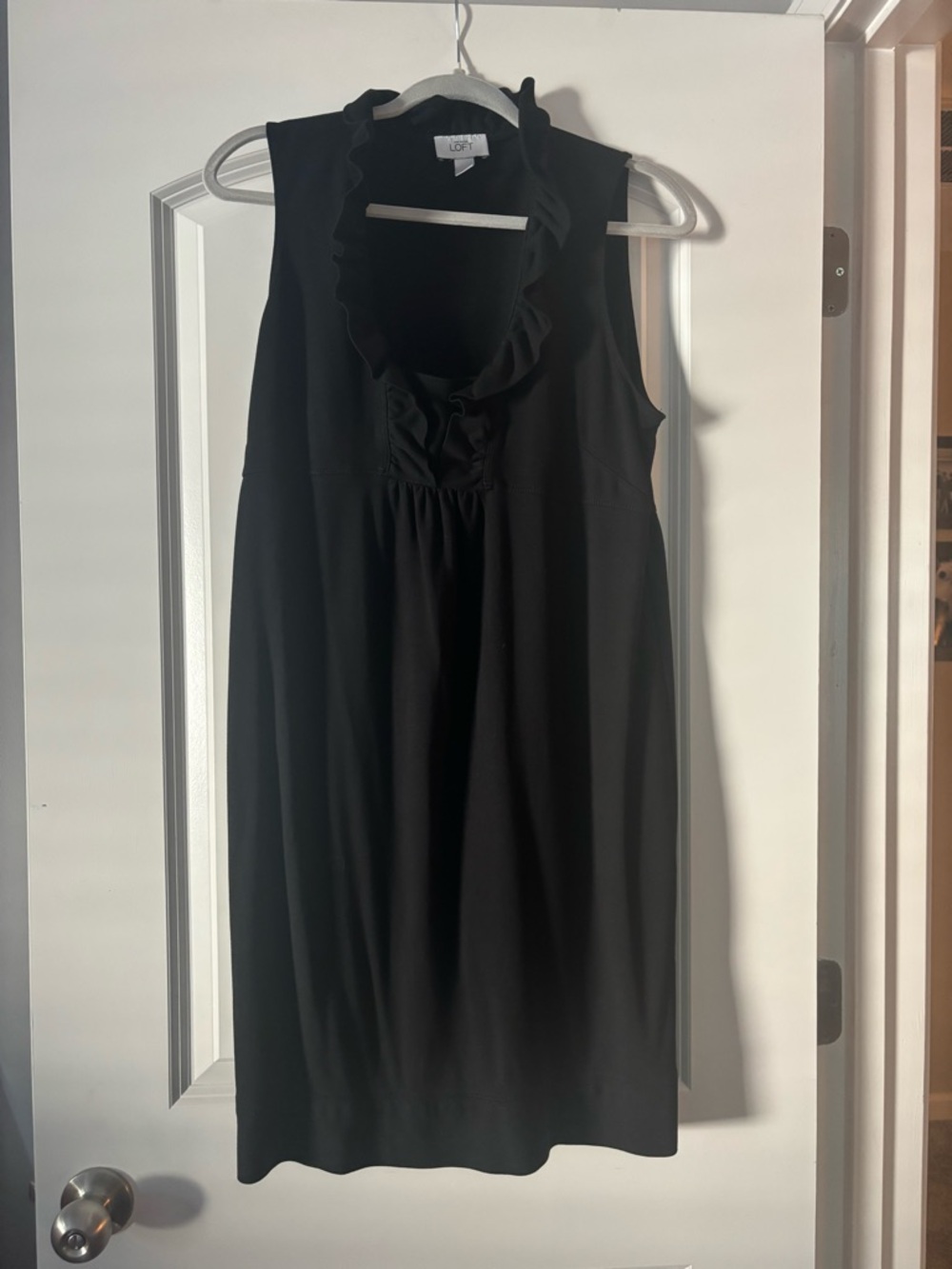LOFT Black Sleeveless Ruffle-Trim Shift Dress